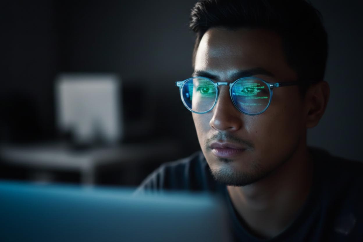 Man wearing blue light glasses looking at a computer screen